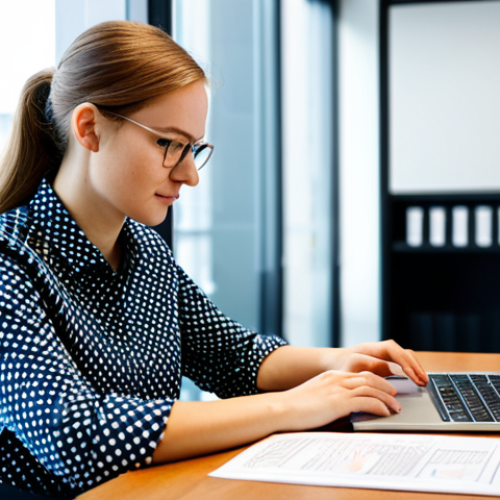 Home 6 A focused female qualitative data analyst, fully clothed in modest business casual attire, sitting at a clean, well-lit desk. She is deeply engaged in interpreting text-based data displayed on her laptop, with a thoughtful and empathetic expression. One hand gently rests on a printed page, highlighting a key quote. The setting is a bright, modern research office with natural light, conveying a professional and calm atmosphere. Perfect anatomy, correct proportions, natural pose, well-formed hands, proper finger count, natural body proportions, appropriate attire, professional dress, safe for work, appropriate content, family-friendly.