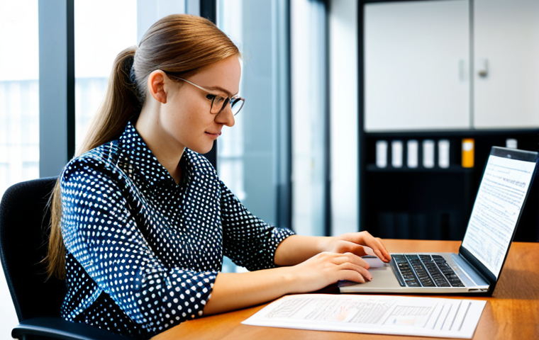 A focused female qualitative data analyst, fully clothed in modest business casual attire, sitting at a clean, well-lit desk. She is deeply engaged in interpreting text-based data displayed on her laptop, with a thoughtful and empathetic expression. One hand gently rests on a printed page, highlighting a key quote. The setting is a bright, modern research office with natural light, conveying a professional and calm atmosphere. Perfect anatomy, correct proportions, natural pose, well-formed hands, proper finger count, natural body proportions, appropriate attire, professional dress, safe for work, appropriate content, family-friendly.